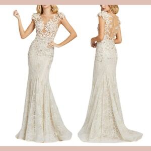 NWT‎ Mac Duggal [ 8 ] 79268 High Neck Shoulder Flower Detail Mermaid Gown J1653